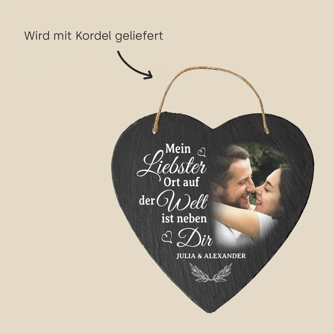 Personalisierte Schieferplatte Herz “Liebster Ort”