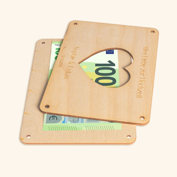 Personalisierte Holzkarte "Herz" als Geldgeschenk