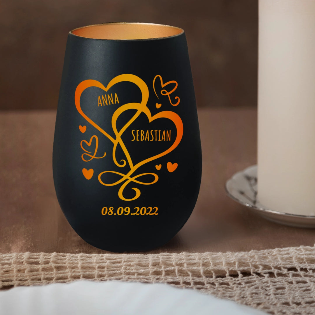 Personalisiertes Windlicht "Herzen/Ringe"