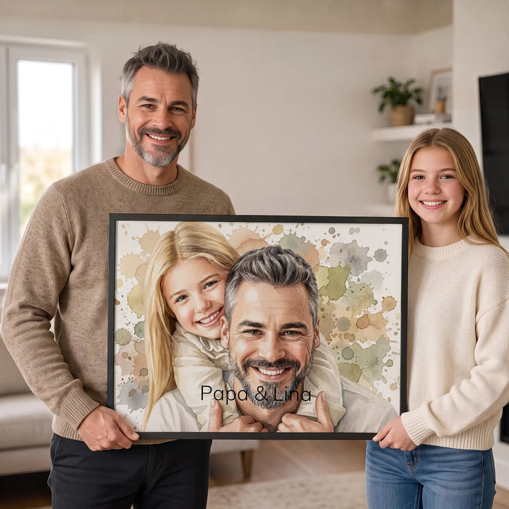 Vater und erwachsene Tochter präsentieren ihr Aquarell-Poster mit Namen