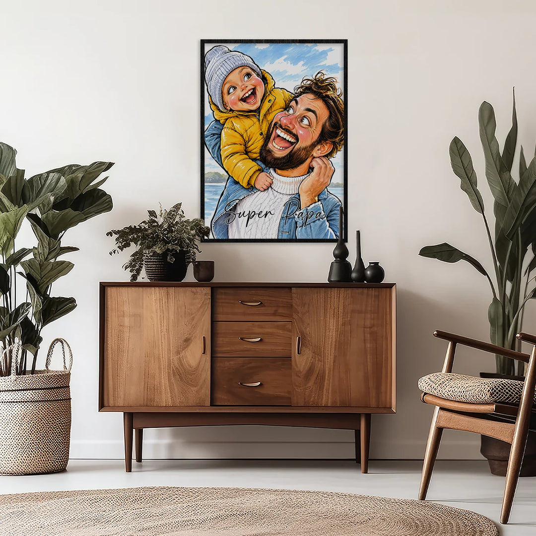 Sketch-Poster mit Papa und Kind im schwarzen Rahmen über einer Holzkommode