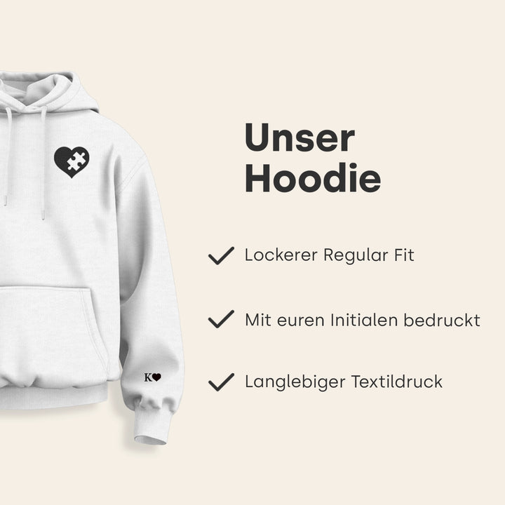 Infografik zum Hoodie: lockerer Regular Fit, mit euren Initialen bedruckt, langlebiger Textildruck