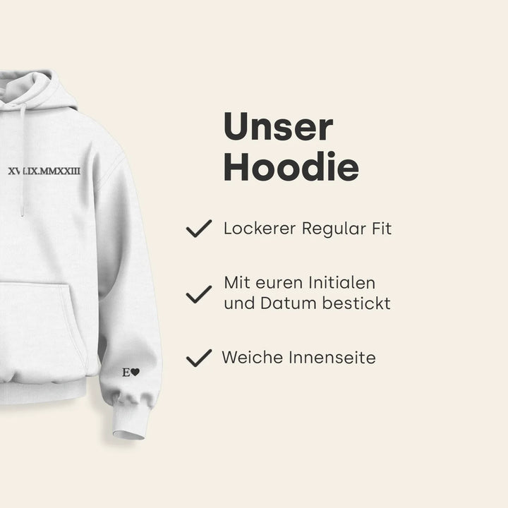 Personalisierte Partner-Hoodies mit Stick "Römische Zahlen"