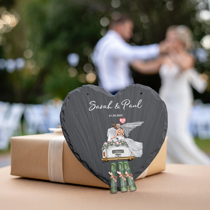 Personalisierte Schieferplatte Herz "Just Married"
