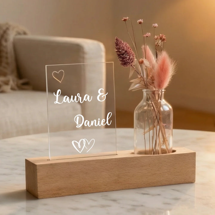 Personalisiertes Acryl-Glas mit Vase und Trockenblumen "Eure Namen"