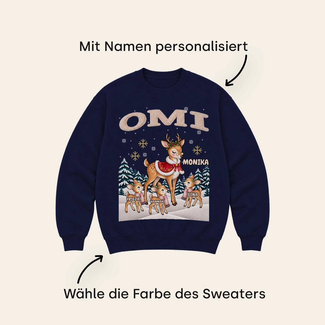 Dunkelblauer Sweater „Weihnachtsrentier“ mit Titel OMI, mit Namen personalisiert und in vielen Farben wählbar