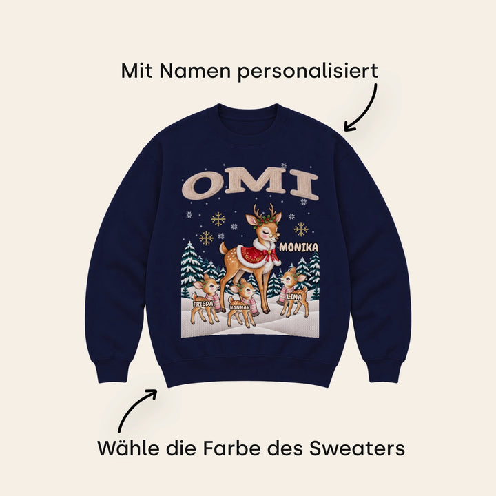 Dunkelblauer Sweater „Weihnachtsrentier“ mit Titel OMI, mit Namen personalisiert und in vielen Farben wählbar