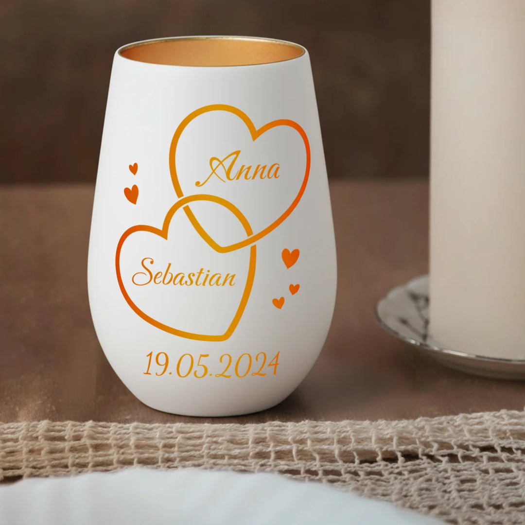 Personalisiertes Windlicht Weiß "Zwei Herzen”