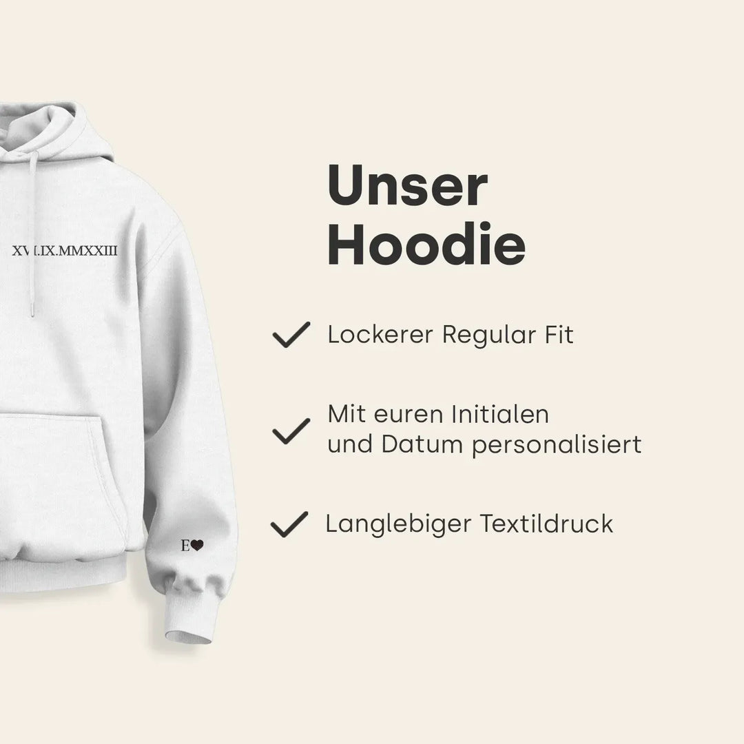 Personalisierte Partnerlook Hoodies "Römisches Datum" (mit Ärmeldruck)