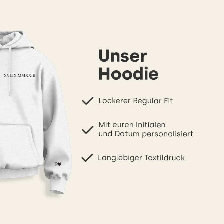 Personalisierte Partnerlook Hoodies "Römisches Datum" (mit Ärmeldruck)