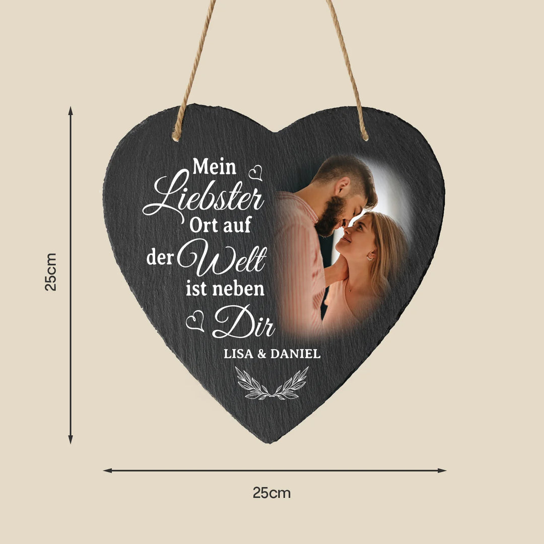 Personalisierte Schieferplatte Herz “Liebster Ort”