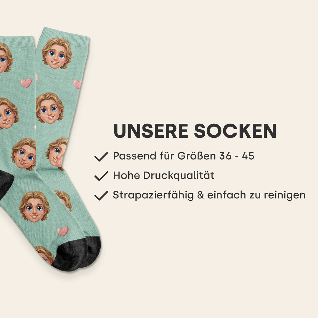 Infografik Comic-Socken: passend für Größen 36 - 45, hohe Druckqualität, einfach zu reinigen