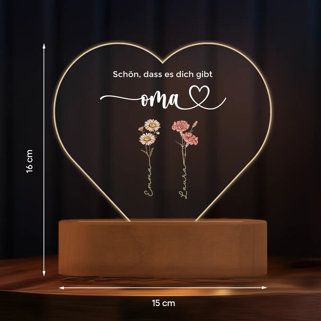 Personalisiertes Herz Acryl-Licht "Blumen für Oma" | Nachtlicht, Dekolicht, Glowlight