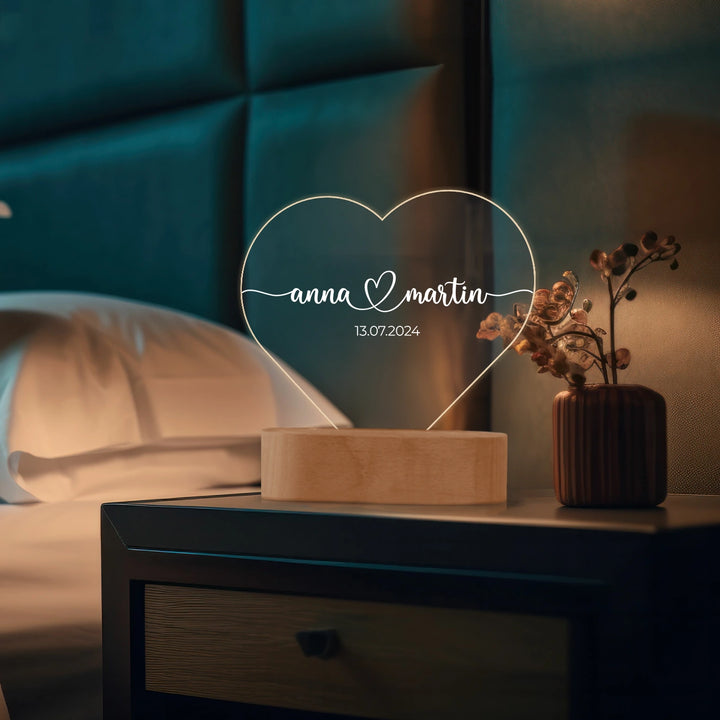 Personalisiertes Herz Acryl-Licht "Namen & Datum" | Nachtlicht, Dekolicht, Glowlight