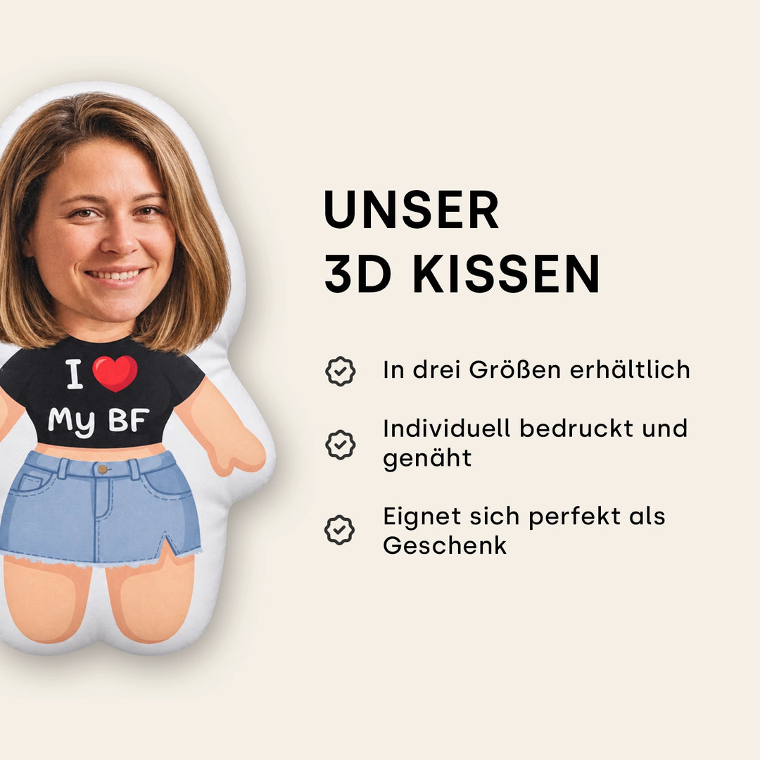 Detailansicht 3D Kissen mit Foto, schwarzem Crop-Shirt und Jeansrock: in drei Größen erhältlich, individuell bedruckt und genäht
