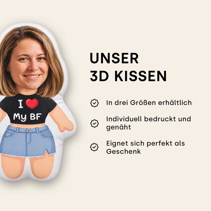 Detailansicht 3D Kissen mit Foto, schwarzem Crop-Shirt und Jeansrock: in drei Größen erhältlich, individuell bedruckt und genäht