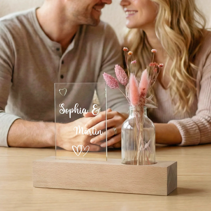 Personalisiertes Acryl-Glas mit Vase und Trockenblumen "Eure Namen"
