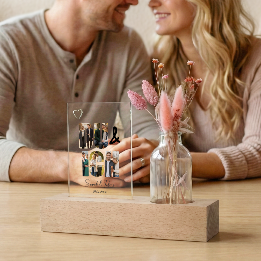 Personalisiertes Acryl-Glas mit Vase und Trockenblumen "Du & Ich"