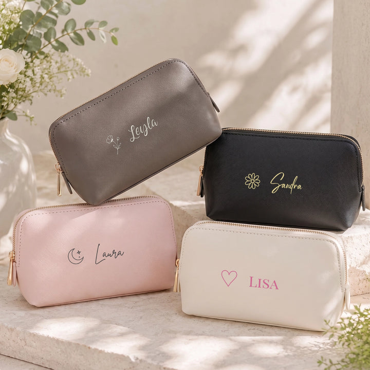 Personalisierte Leder-Kosmetiktasche "Schriften und Icons"