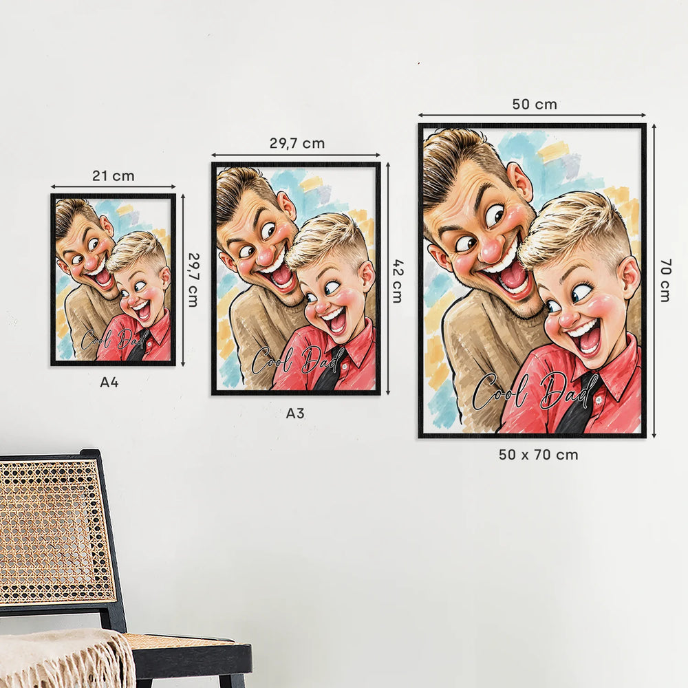 Größenvergleich des Posters in A4, A3 und 50 x 70 cm