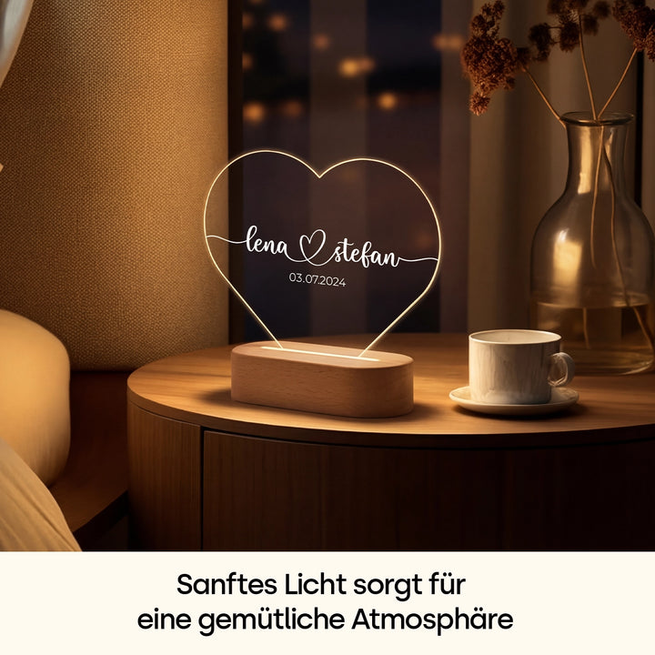 Personalisiertes Herz Acryl-Licht "Namen & Datum" | Nachtlicht, Dekolicht, Glowlight