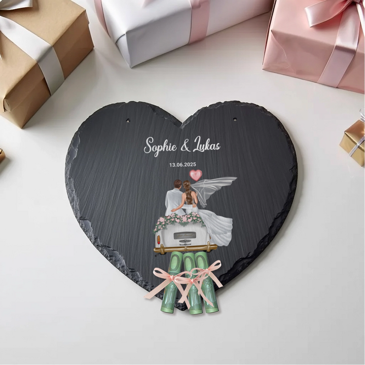 Personalisierte Schieferplatte Herz "Just Married"