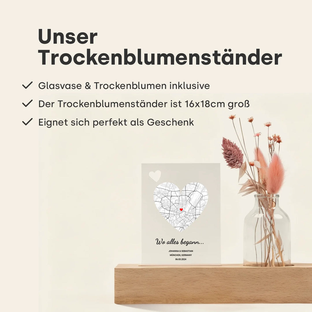 Personalisiertes Acryl-Glas mit Vase und Trockenblumen "Wo alles begann"
