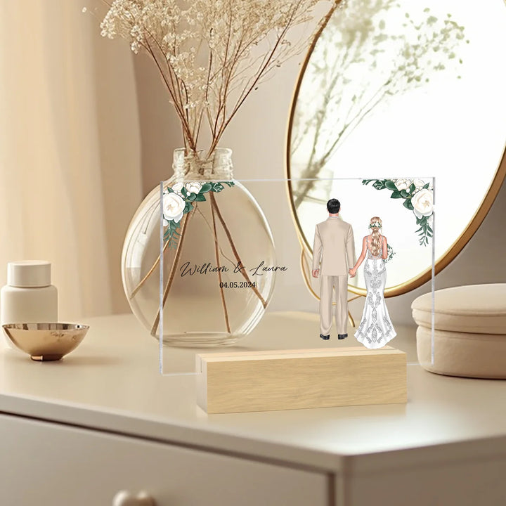 Personalized acrylic glass "Wedding Couple Flowers"