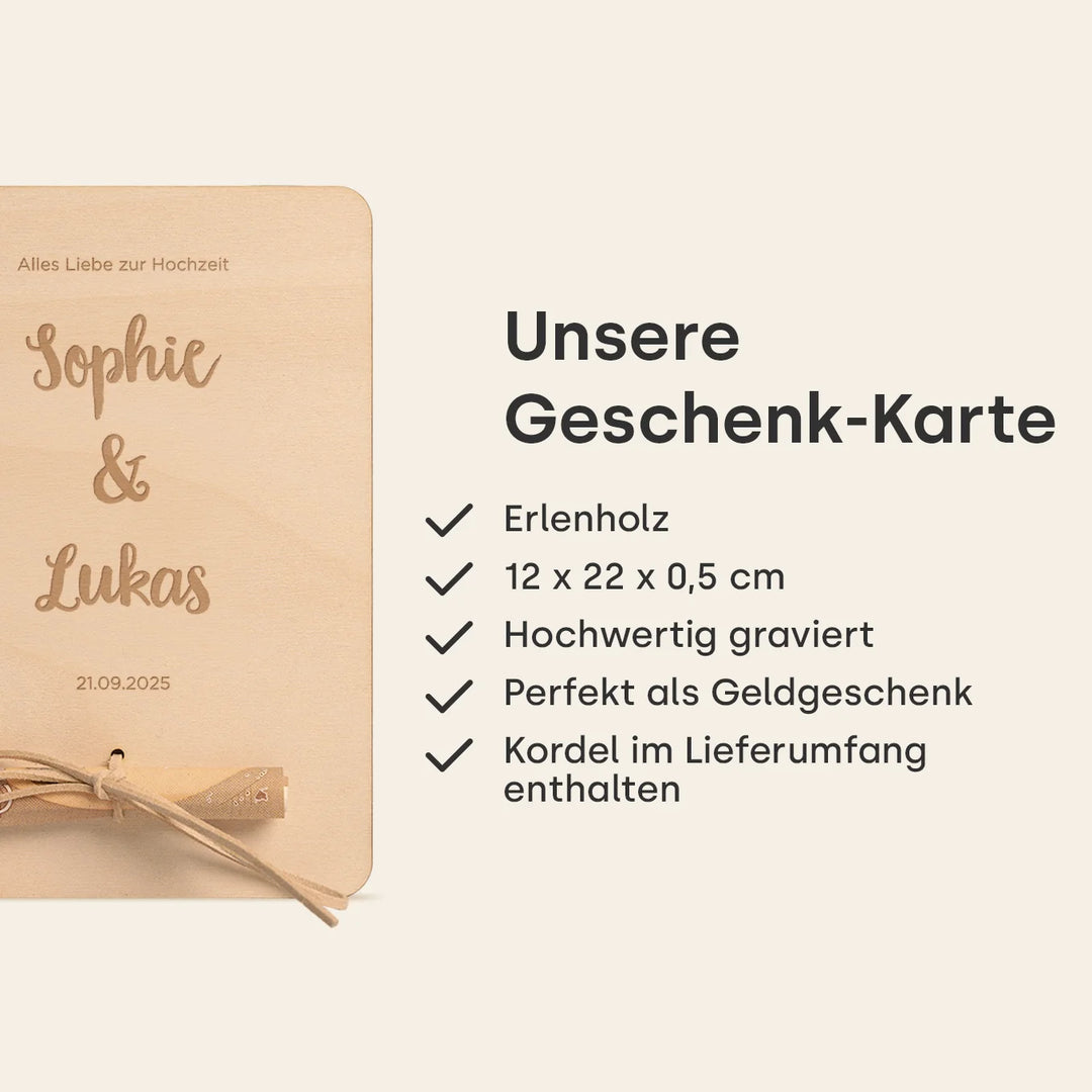 Personalisiertes Holzkarte "Hochzeit" als Geldgeschenk
