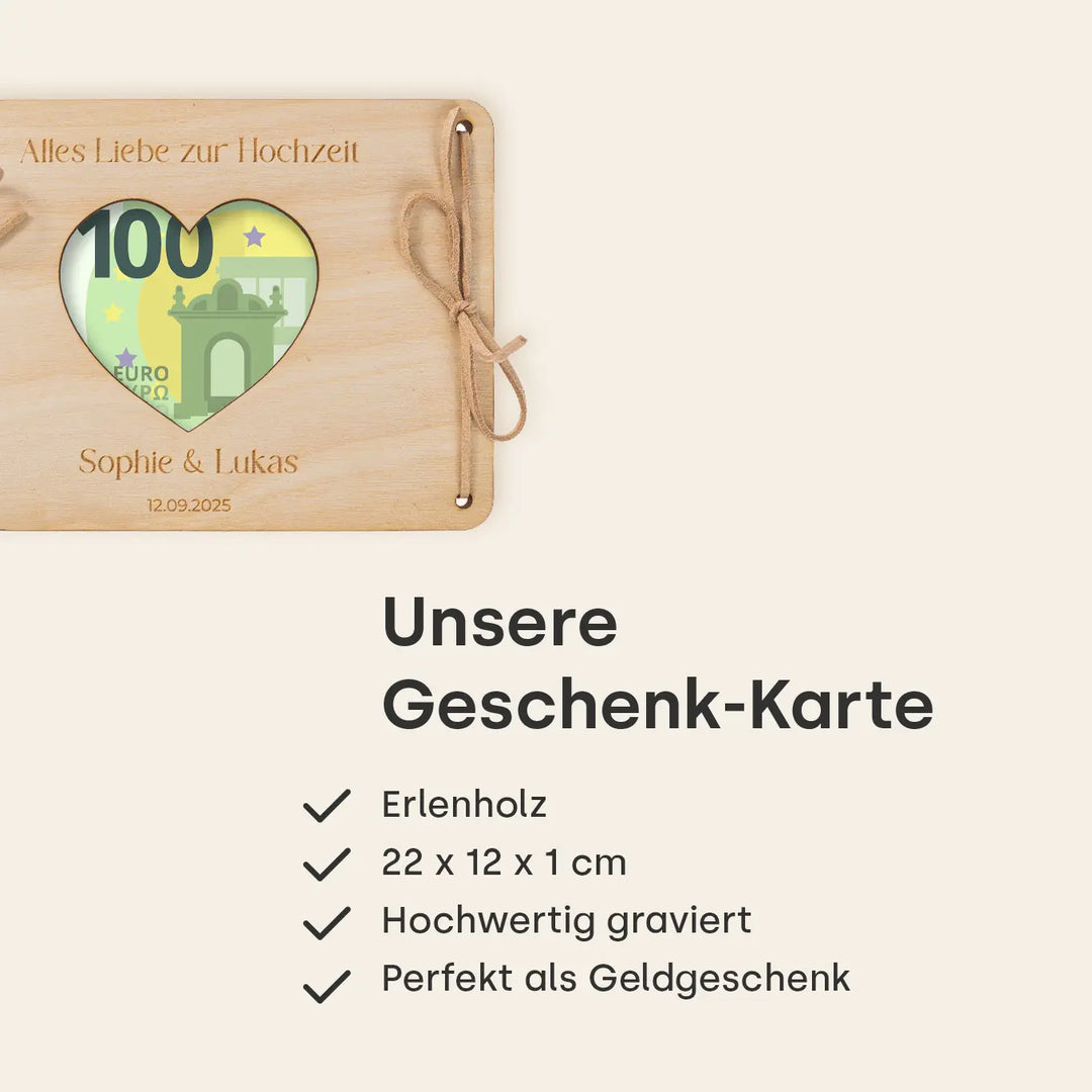Personalisierte Holzkarte "Herz" als Geldgeschenk