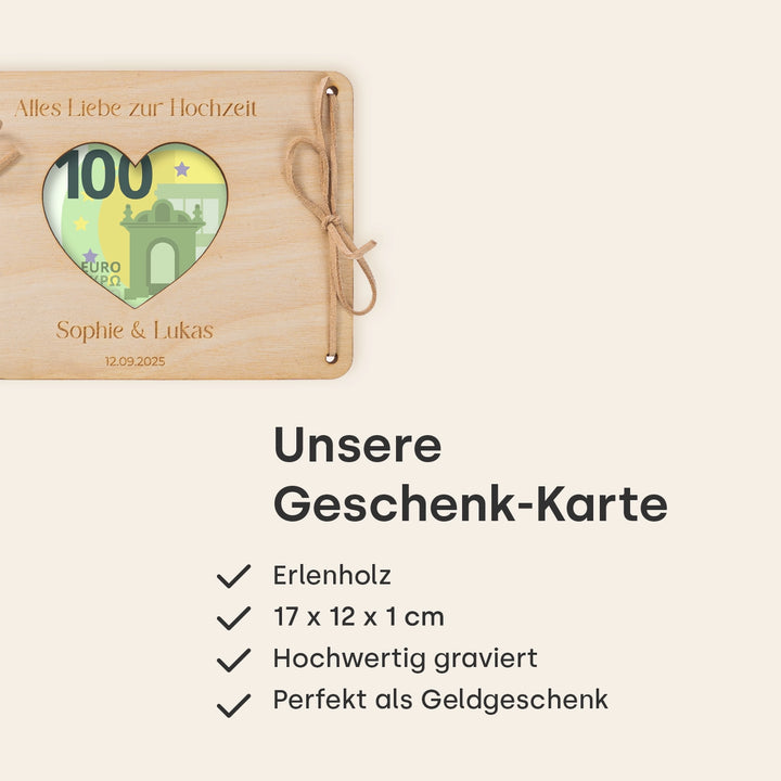 Personalisierte Holzkarte "Herz" als Geldgeschenk