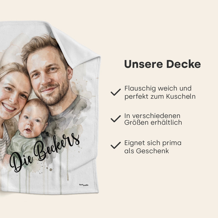 Infografik Decke „Familie Wasserfarben“: flauschig weich, in verschiedenen Größen, ideal als Geschenk