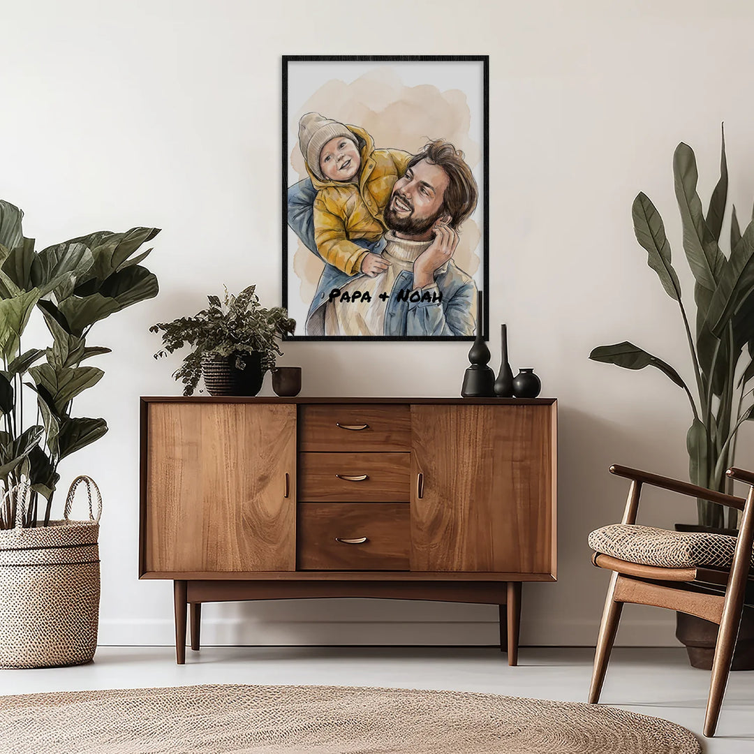 Aquarell-Poster von Papa und Kind über einer Kommode im Wohnzimmer