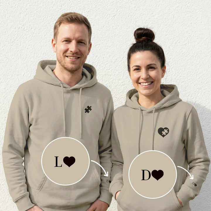 Personalisierte Partnerlook Hoodies "Puzzlestück" (mit Ärmeldruck)