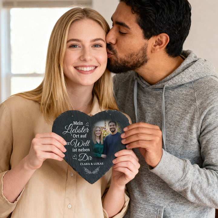 Personalisierte Schieferplatte Herz “Liebster Ort”