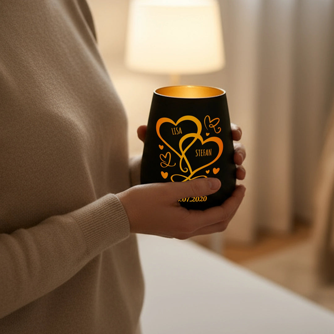 Personalisiertes Windlicht "Herzen/Ringe"