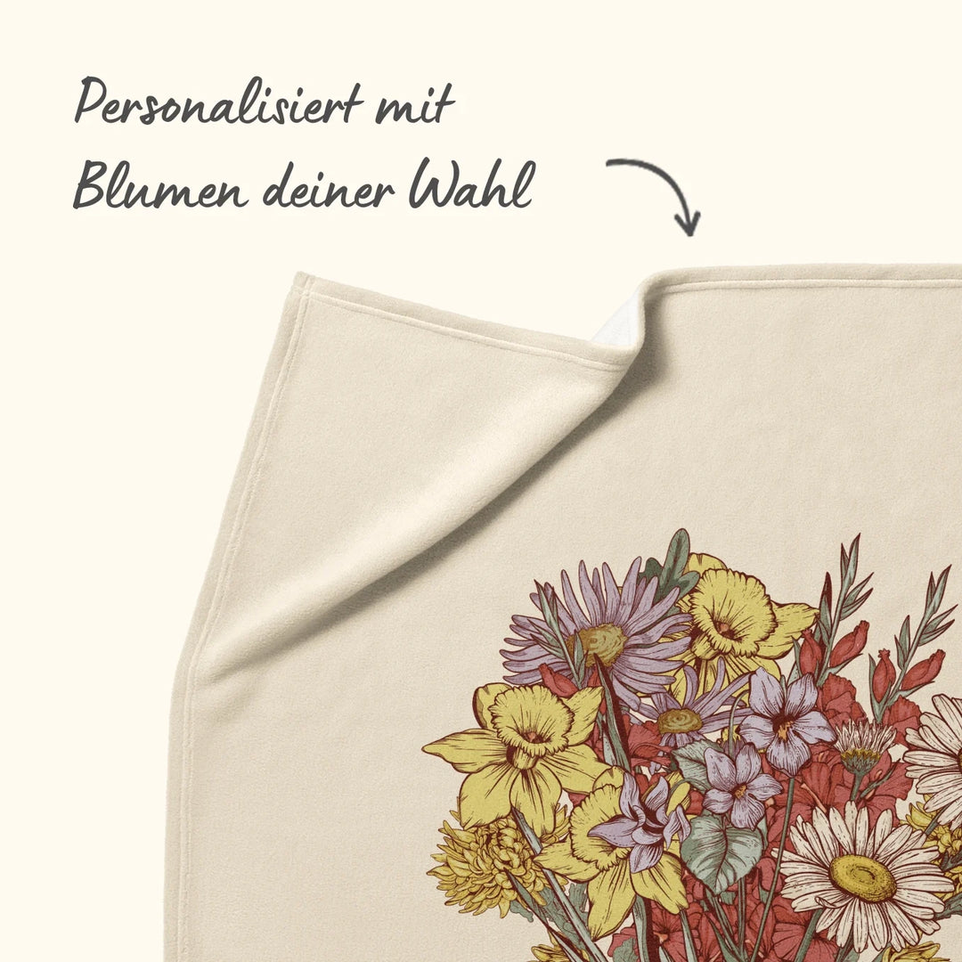 Personalisierte Decke „Blumenstrauß“ als Geschenk für Oma: bunter Blumenstrauß nach Wunsch zusammenstellbar – famwalls