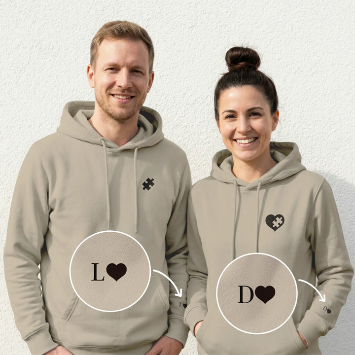 Personalisierte Partnerlook Hoodies "Puzzlestück" (mit Ärmeldruck)