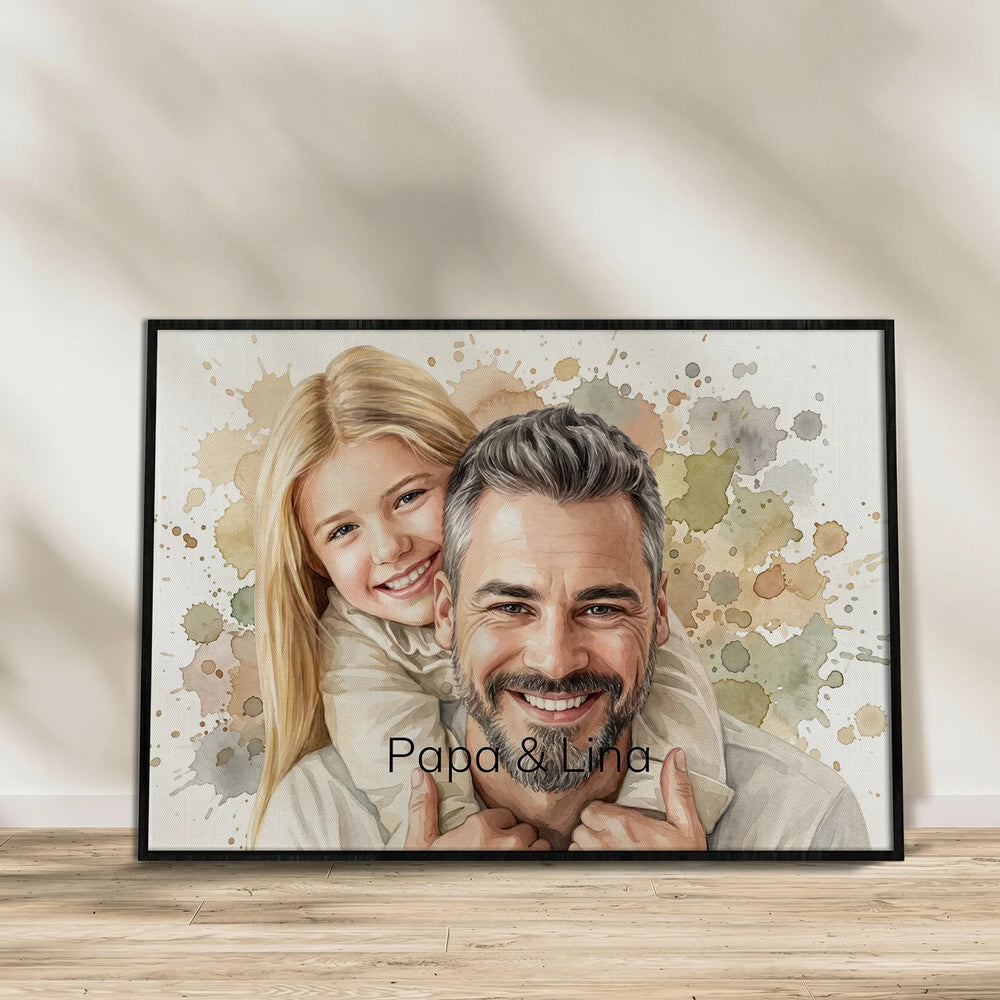 Personalisiertes Aquarell-Poster im Querformat mit Papa und Tochter an einer hellen Wand