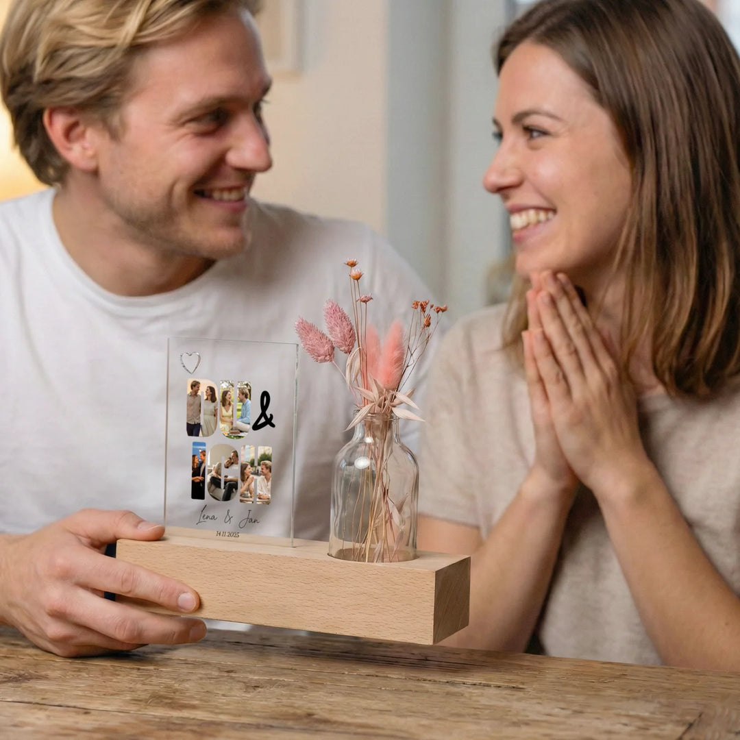 Personalisiertes Acryl-Glas mit Vase und Trockenblumen "Du & Ich"