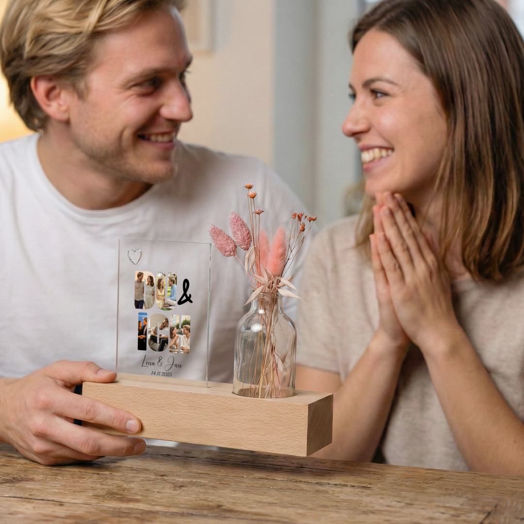 Personalisiertes Acryl-Glas mit Vase und Trockenblumen "Du & Ich"