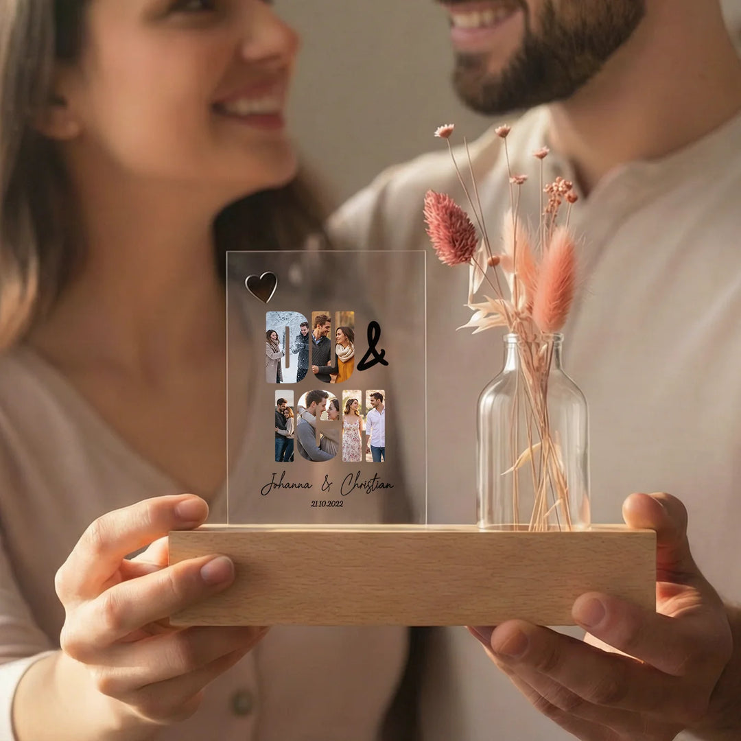 Personalisiertes Acryl-Glas mit Vase und Trockenblumen "Du & Ich"