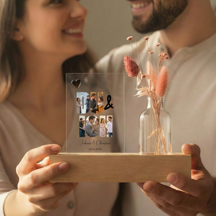 Personalisiertes Acryl-Glas mit Vase und Trockenblumen "Du & Ich"