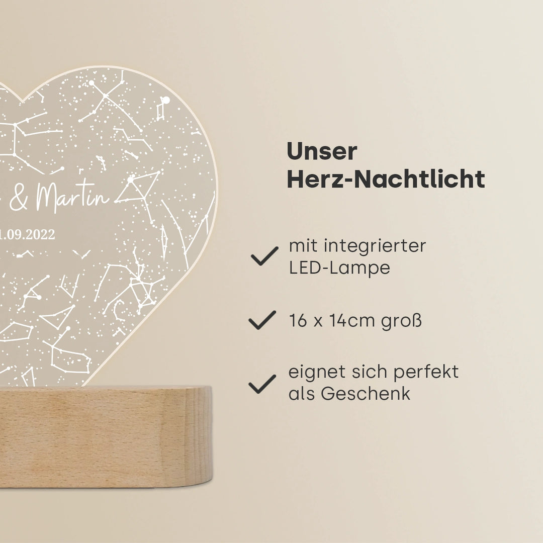 Personalisiertes Herz Acryl-Licht ''Sternenhimmel'' | Nachtlicht, Dekolicht, Glowlight