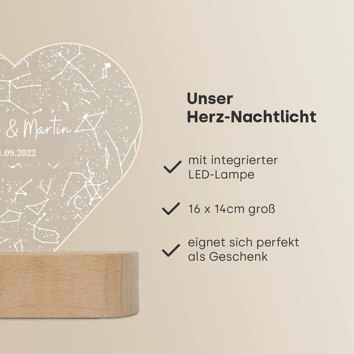 Personalisiertes Herz Acryl-Licht ''Sternenhimmel'' | Nachtlicht, Dekolicht, Glowlight
