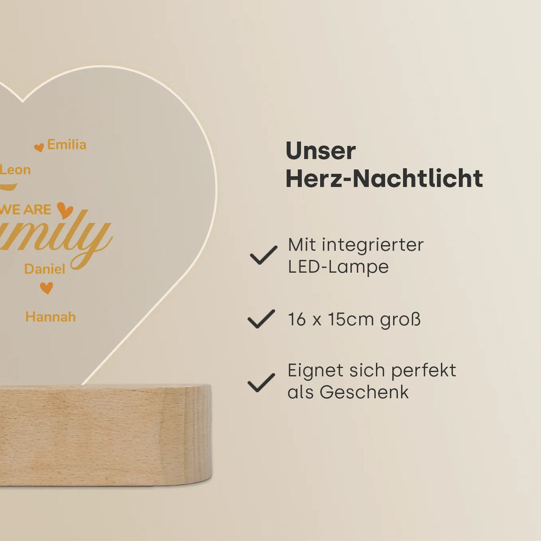 Personalisiertes Herz Acryl-Licht ''Familie'' | Nachtlicht, Dekolicht, Glowlight