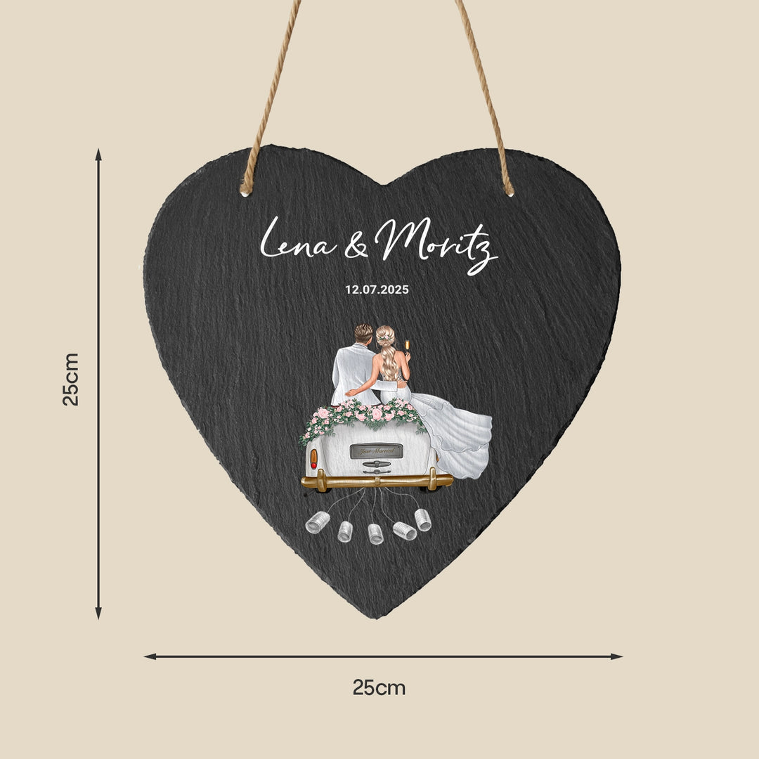 Personalisierte Schiefernplatte Herz "Just Married"