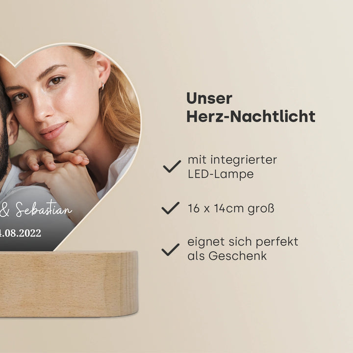 Personalisiertes Herz Acryl-Licht "Foto & Text" | Nachtlicht, Dekolicht, Glowlight