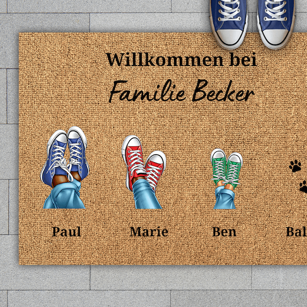 Personalisierte Fußmatte Schuhe Familie Sneakers Herzlich