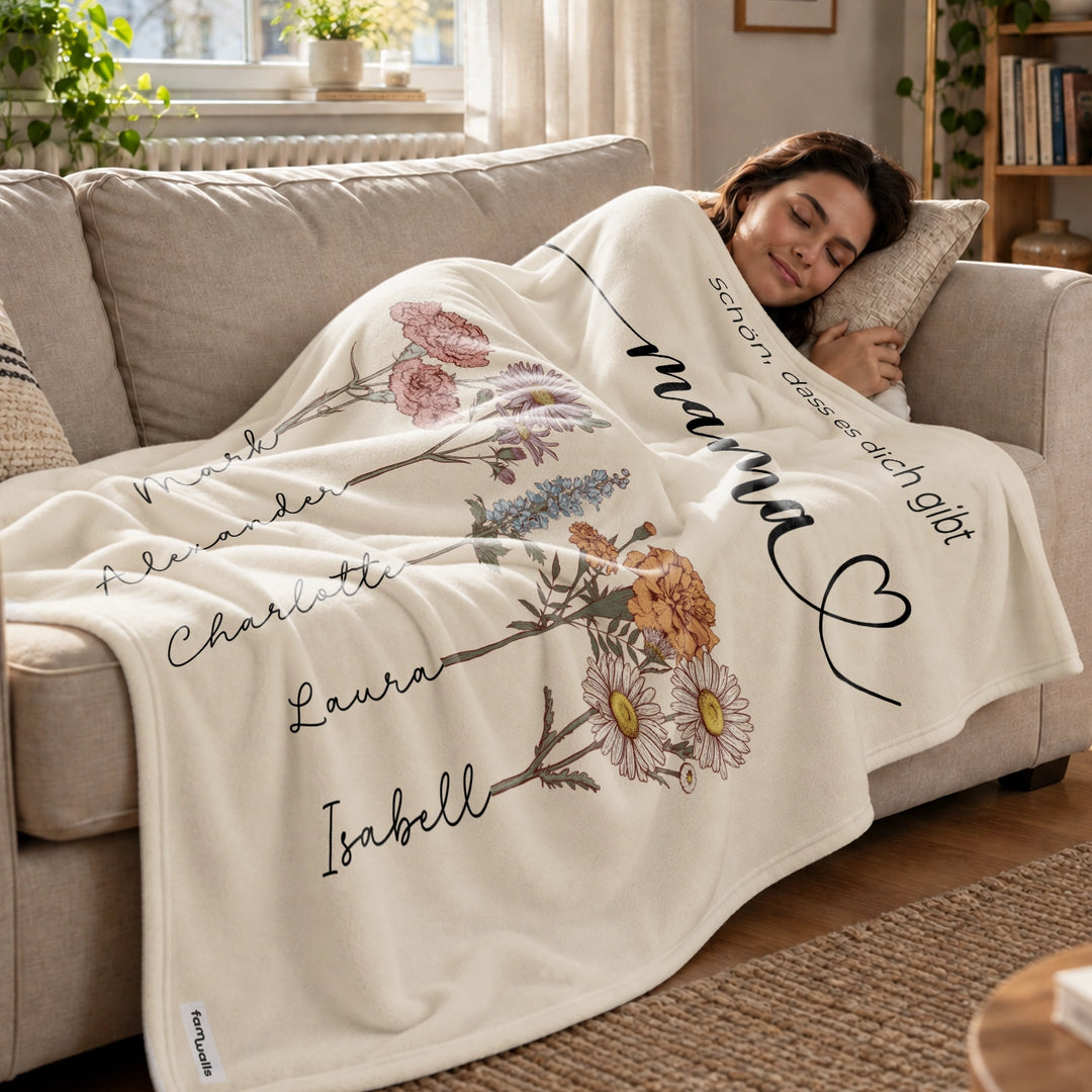 Personalisierte Decke „Blumen für Mama“ als Geschenk zum Muttertag: Blumenstrauß mit Namen der Kinder – famwalls